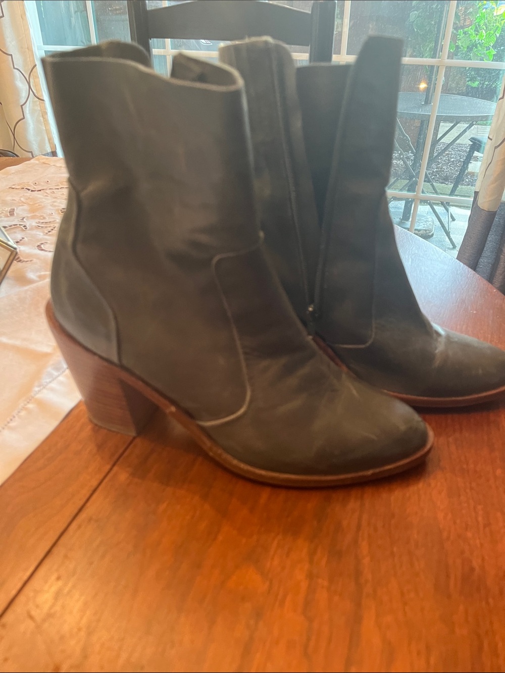 Lucky Brand Olive Green Leather Block Heel Ankle Boots